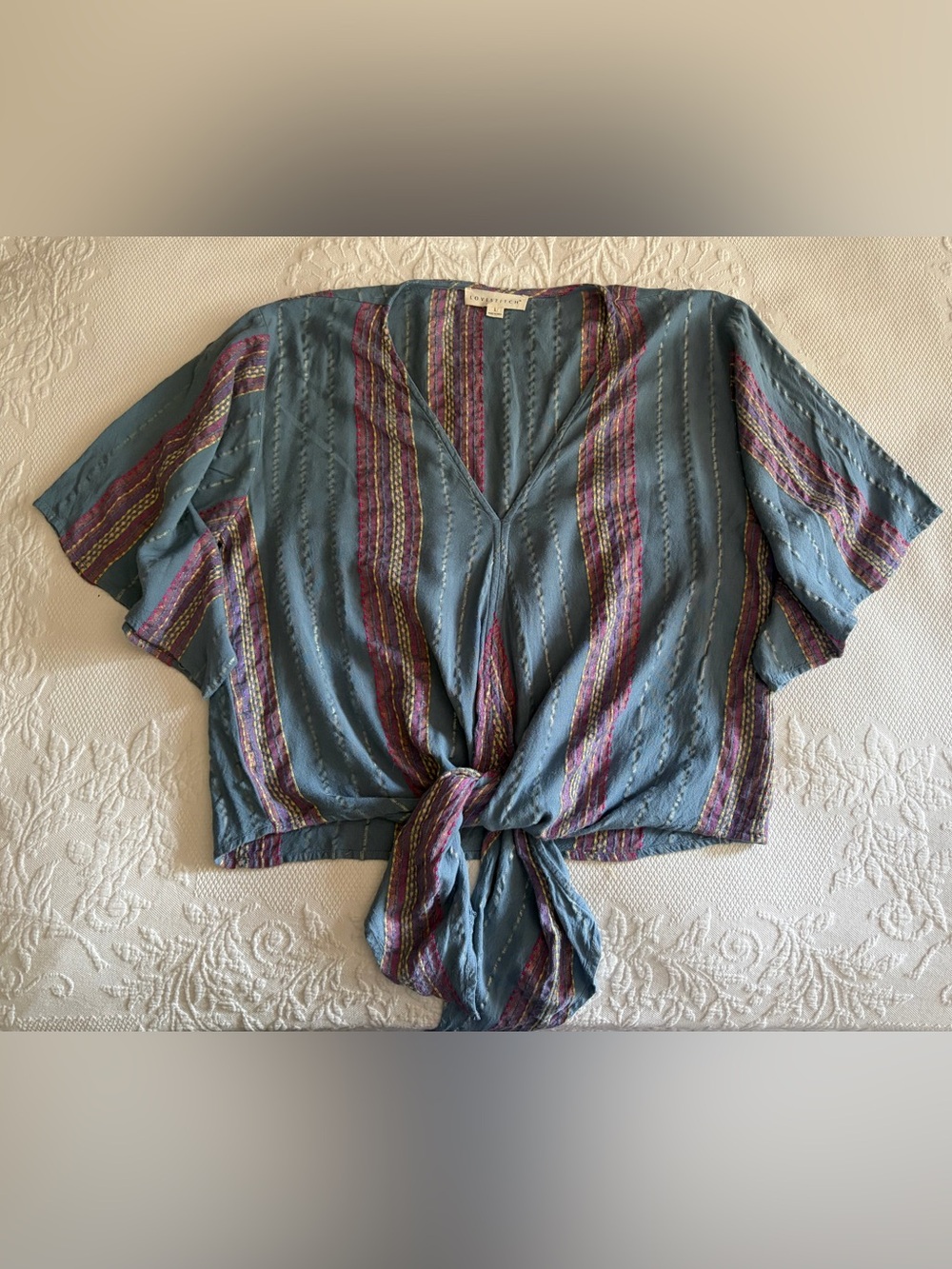 Lovestitch Blue Metallic Stripe Front-Tie Blouse - size Large - boho woven top - Picture 9 of 15